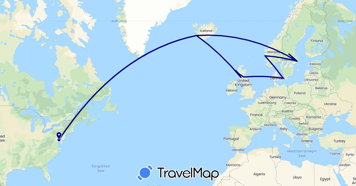 TravelMap itinerary: driving in Denmark, United Kingdom, Iceland, Norway, Sweden, United States (Europe, North America)